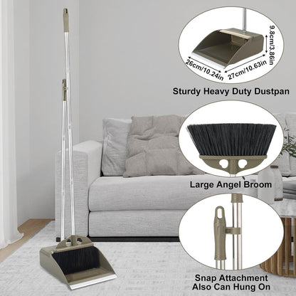 Upgrade Broom with Dustpan Combo Set,48'' Long Handle Stiff Broom Bristles with Heavy Duty Dust Pan,Indoor Outdoor Easy Sweeping for Kitchen Lobby Garage Home