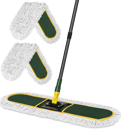24 Inch Commercial Dust Mop,Heavy Duty Dry Wet Dust Mops Broom for Hardwood Floor, Laminate, Tile, Concrete Cleaning | 60 Extendable Handle & 2 Cotton Mop Heads | Home, Garage, Warehouse Use