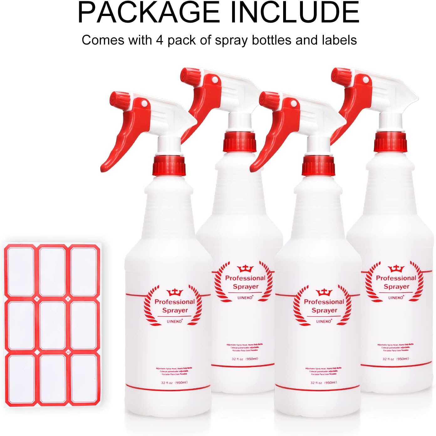 Uineko Plastic Spray Bottle (4 Pack, 24 Oz, All-Purpose) Heavy Duty Spraying Bottles Leak Proof Mist Empty Water Bottle for Cleaning Solution Planting Pet with Adjustable Nozzle and Measurements