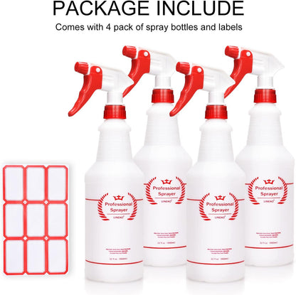 Uineko Plastic Spray Bottle (4 Pack, 24 Oz, All-Purpose) Heavy Duty Spraying Bottles Leak Proof Mist Empty Water Bottle for Cleaning Solution Planting Pet with Adjustable Nozzle and Measurements