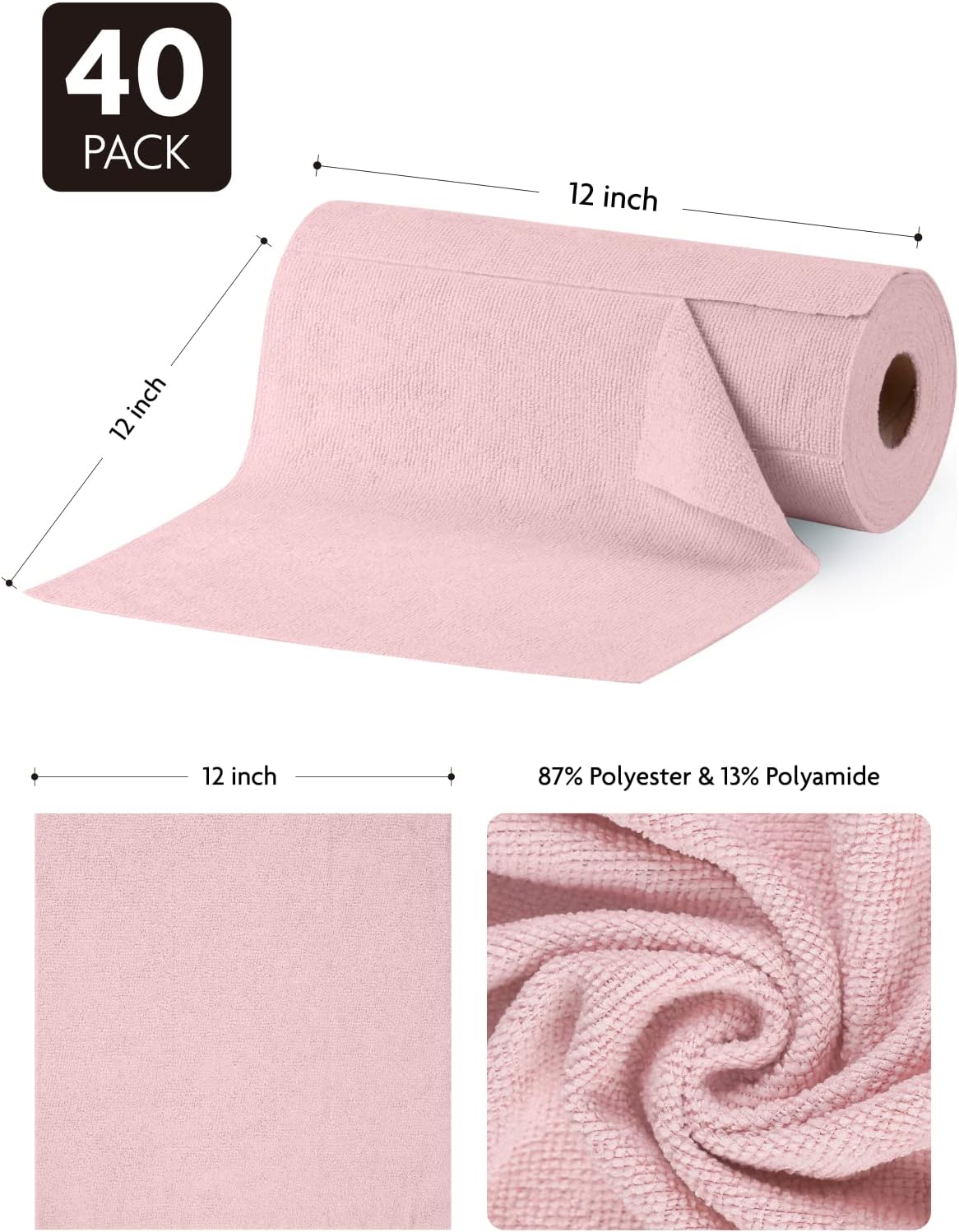 Fantasticlean Microfiber Cleaning Cloth Roll -40 Pack, Tear Away Microfiber Towels, 12" x 12", Reusable, Washable, Scratch Free, Ultra Absorbent Dishcloth for All-Around Cleaning Supplies (White)