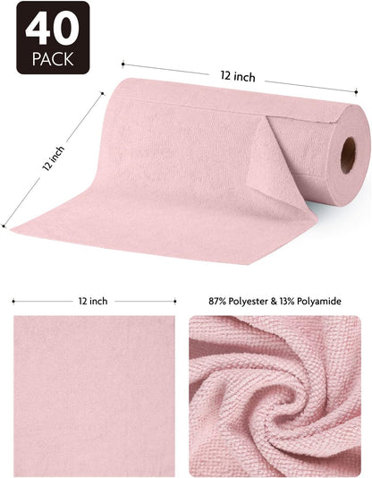 Fantasticlean Microfiber Cleaning Cloth Roll -40 Pack, Tear Away Microfiber Towels, 12" x 12", Reusable, Washable, Scratch Free, Ultra Absorbent Dishcloth for All-Around Cleaning Supplies (White)