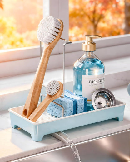 Minimalist Sink Caddy, Rustproof Sponge Holder for Kitchen Sink with 304 Stainless-Steel Brush Holder, Countertop Rack Organizer with Raised Ridges & Silicone Drain Tube (Mint Green, Large)