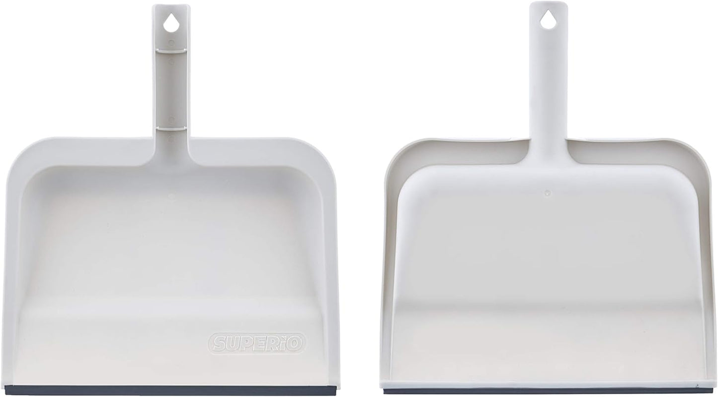 Superio Clip-On Dustpan with Rubber Lip - 10-inch Wide Durable Plastic Dust Pan with Comfort Grip Handle, White, 1-Pack