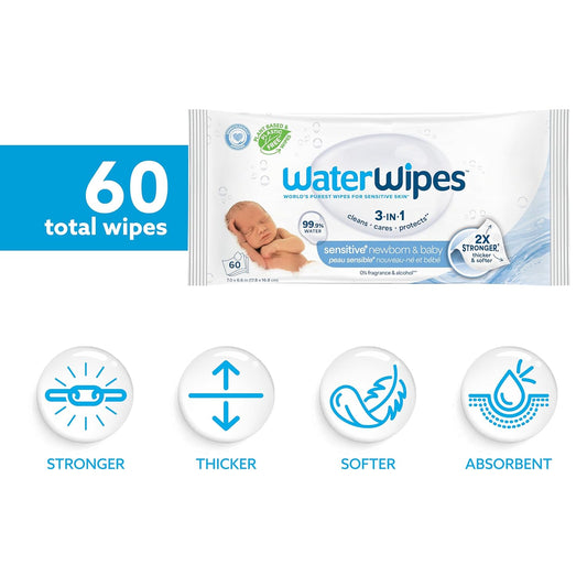 WaterWipes Sensitive+ Newborn & Baby Wipes, 3-In-1 Cleans, Cares, Protects, 99.9% Water, Unscented & Hypoallergenic, 720 Count (12 Packs)