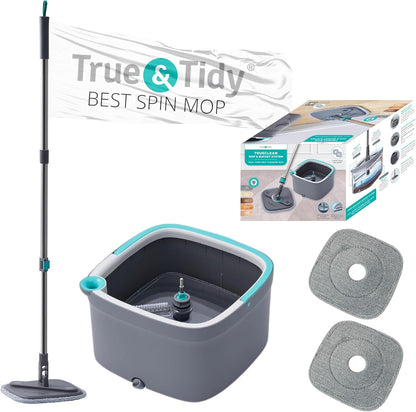 Spin Mop and Bucket with Separate Compartments for Clean and Dirty Water NEW 2025 Upgraded Version w/Side Brush and Self Standing Handle, Smart Square Mop w/ 2 Machine Washable Microfiber Pads, Rose