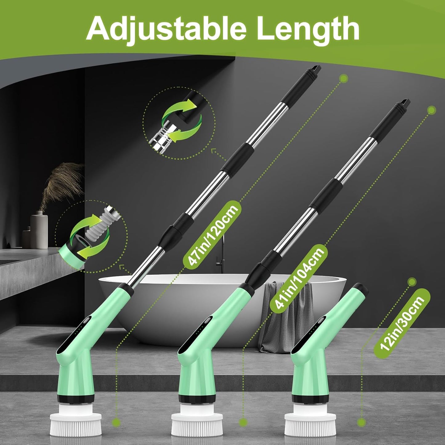 Electric Spin Scrubber, Shower Scrubber with Long Handle Adjustable LCD Display, 2 Speed Shower Cleaner, 7 Replaceable Brush Heads Bathroom Cleaning Brush, Bath Tub Power Scrubbers Black G3