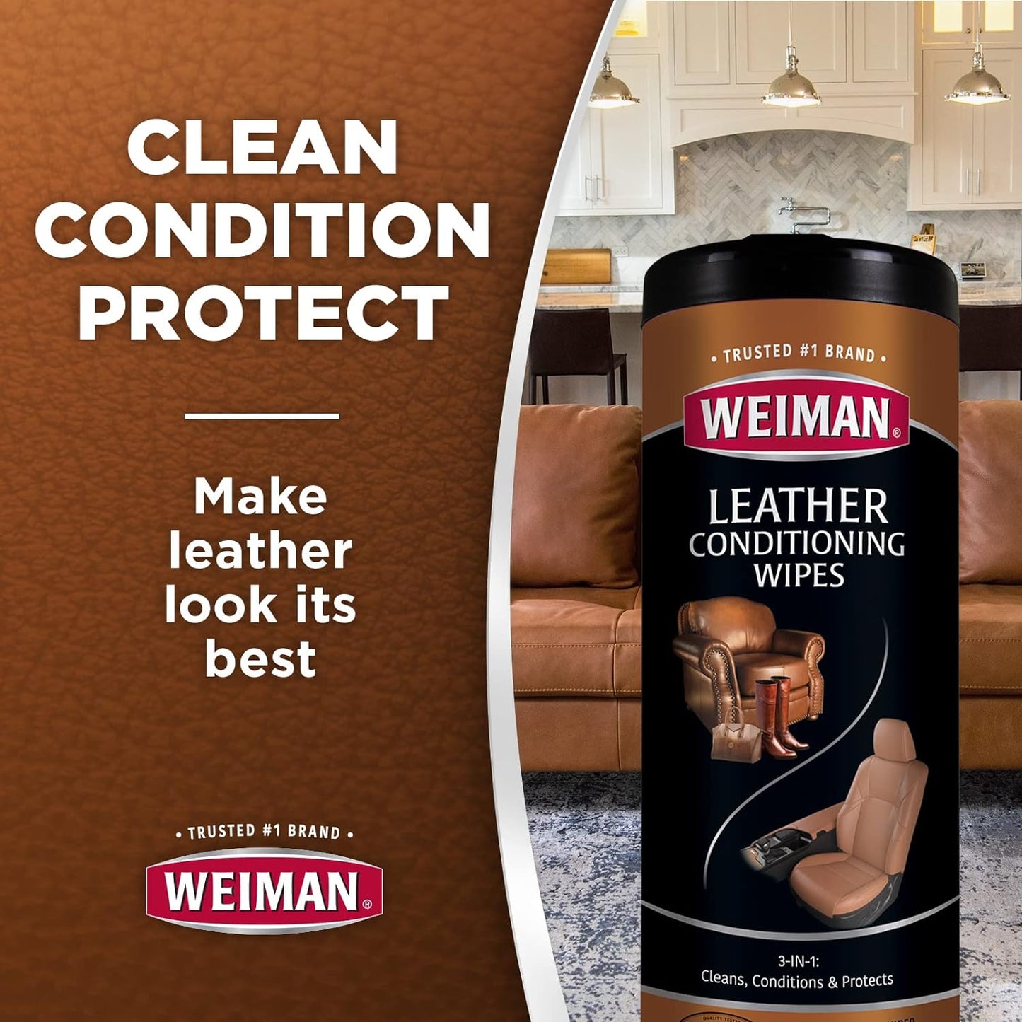 Weiman Leather Cleaner Wipes - Clean Condition UV Protection Help Prevent Cracking or Fading of Furniture, Car Interior, Couch, and Shoes, 4 Pack