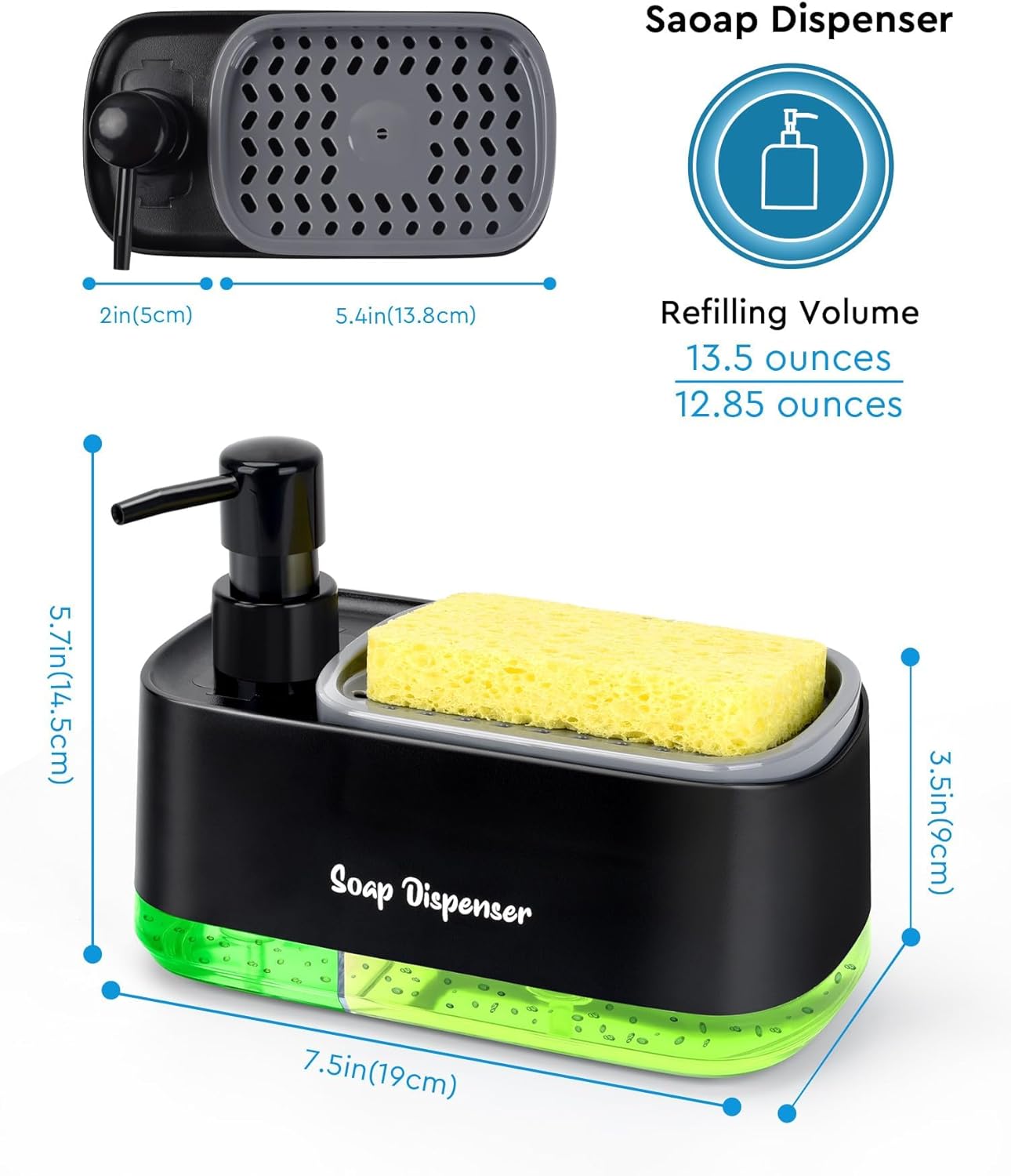 Kitchen Dish Soap Dispenser with Sponge Holder, 2-in-1 Countertop Soap Pump Dispenser, Soap Dispenser for Kitchen Sink with 2-Packs Wire Dishwashing Rag,Black