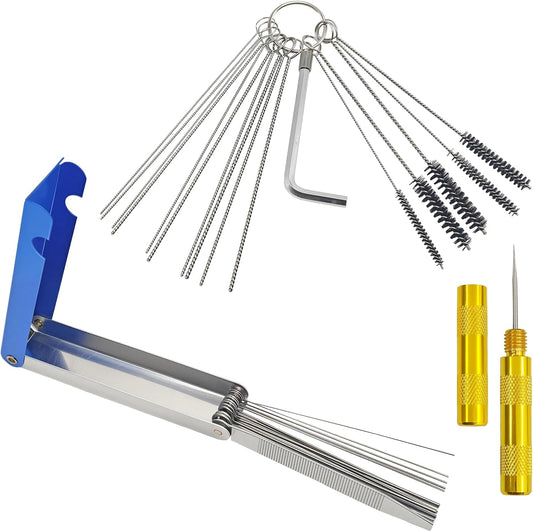 Carburetor Cleaning Kit – 13 Clean Line Set, 9 Cleaning Needles, 6 Nylon Brushes, Throttle Wrench & Pointed Pick, Stainless Steel Carbon Dirt Jet Remover Cleaner for Motorcycle, Chainsaw, Spray Guns