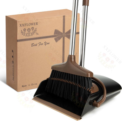 Broom and Dustpan Set with Long Handle, Light Weight Stainless Steel Poles Stand Upright Dustpans with Broom Combo for Home Kitchen Office Pet Dog Hair, 1-Pack (Purple)