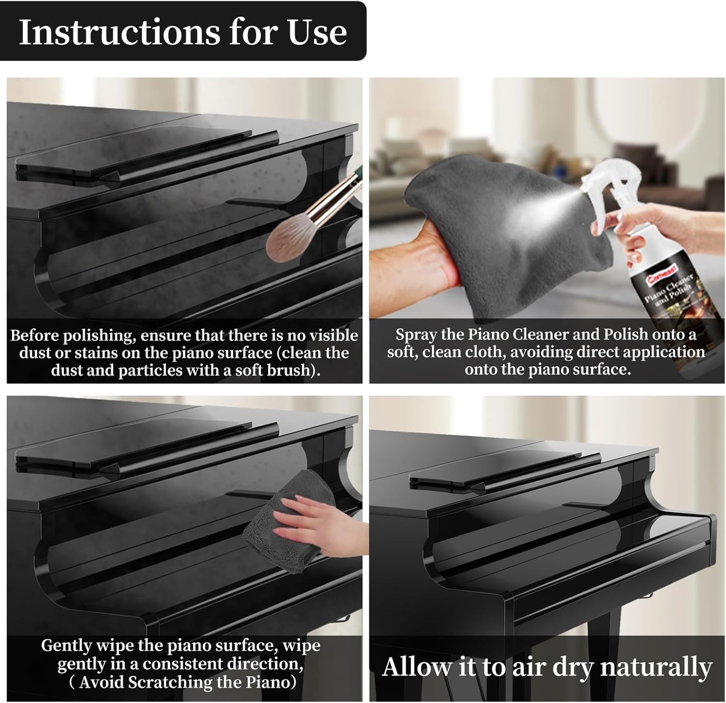 Piano Cleaner and Polish, Clean, Wax and Protect Glossy All in One Bottle Restore the Shine, Remove Fingerprints and Stains, and Enhance the Brightness of the Wood or Lacquer Finish, 8.45 Fl Oz
