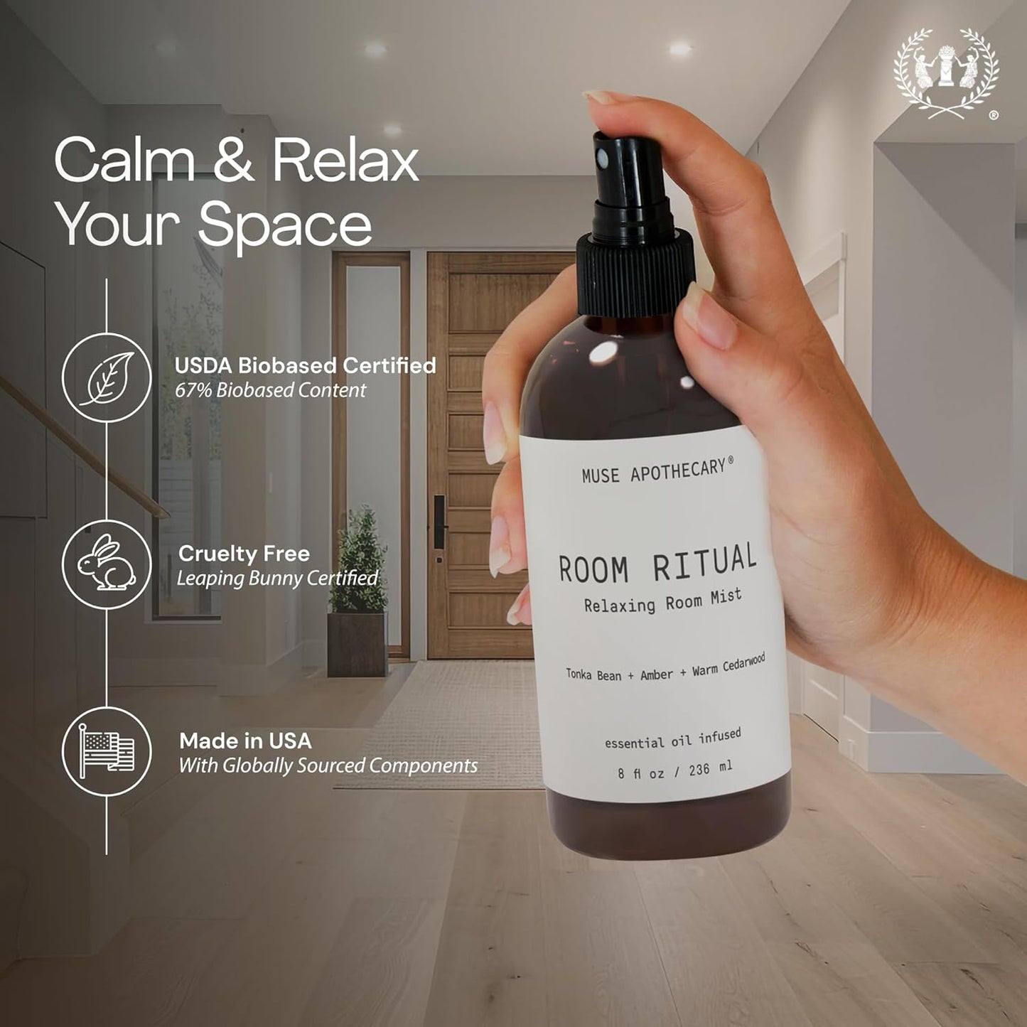 Muse Apothecary Room Ritual - Aromatic and Relaxing Room Mist, 4 oz, Infused with Natural Essential Oils - Aloe + Eucalyptus + Lavender