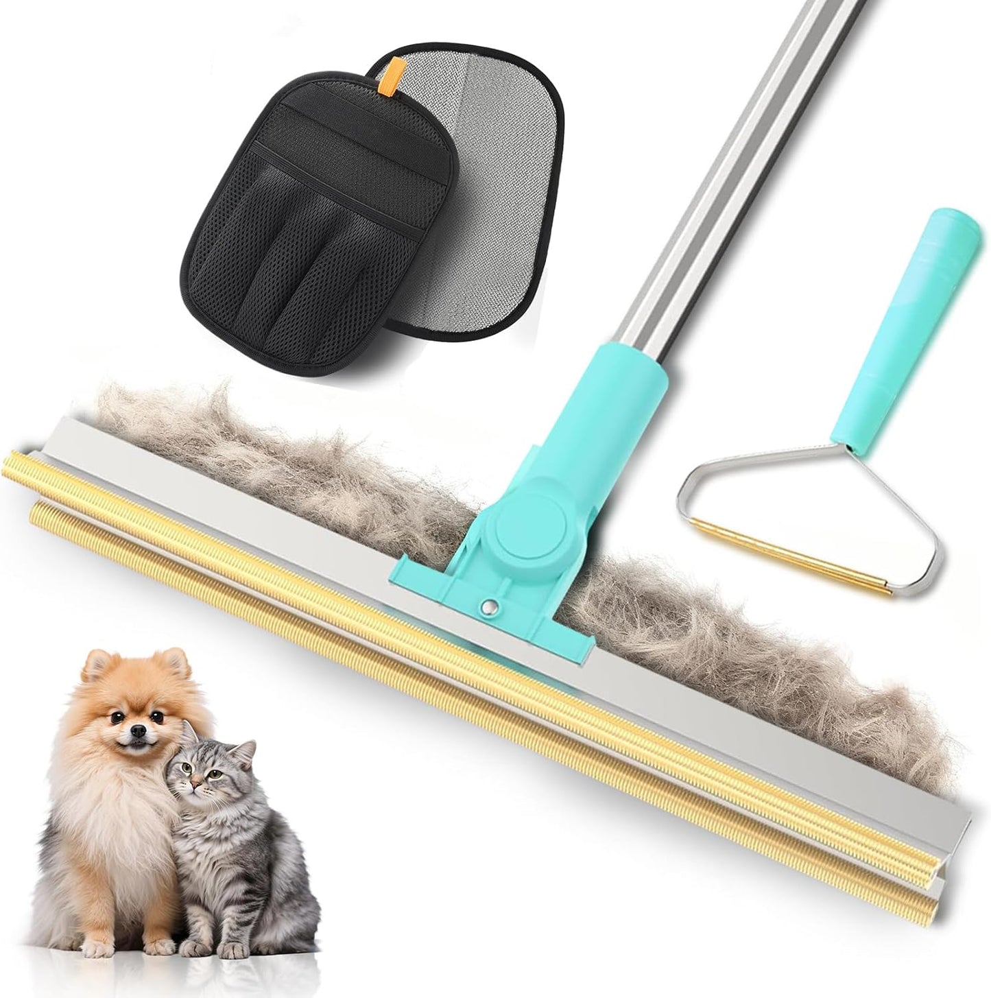Carpet Rake for Pet Hair Removal - 3 in 1 Reusable Dog Cat Hair Remover Scraper with Adjustable Long Handle, Carpet Clean Brushes & Cat Dog Fur Rakes Scraper Broom for Couch, Rugs, Mats and Cars