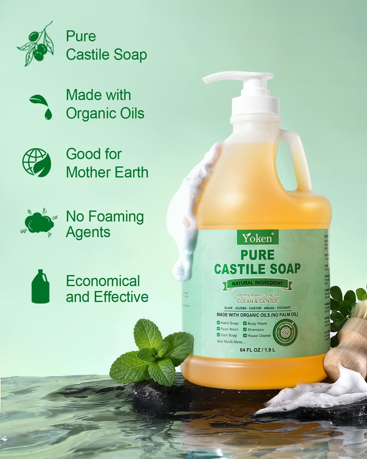 Yoken Castile Soap Liquid EWG Verified(1 Gallon, Unscented) Pure-Castile Liquid Soap for Body, Face, Hand, Pets, Laundry, Dish Soap and More - Made With Organic Oil, Vegan, Clean & Gentle, Versatile