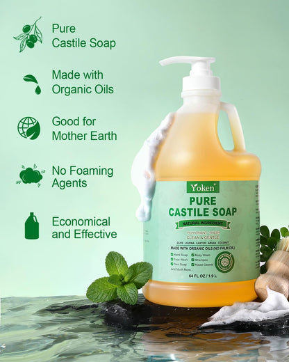 Yoken Castile Soap Liquid EWG Verified(1 Gallon, Unscented) Pure-Castile Liquid Soap for Body, Face, Hand, Pets, Laundry, Dish Soap and More - Made With Organic Oil, Vegan, Clean & Gentle, Versatile
