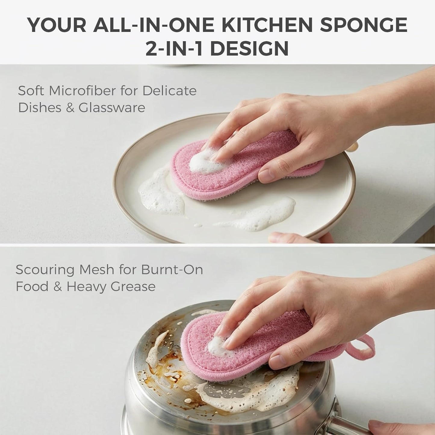 Dual Sided Kitchen Sponges and Scrubbers, 10-Pack - Microfiber & Non-Scratch Scouring Pads for Dishes, Pots, Pans, Stainless Steel, Countertops, Glass Cooktops