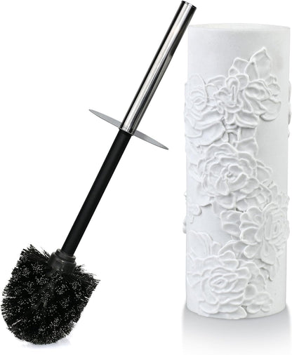 White Floral Branches Design Resin Toilet Bowl Brush and Holder Set, Elegant Bathroom Cleaning Tool with Durable Bristles, Compact and Functional