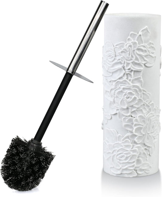 White Floral Branches Design Resin Toilet Bowl Brush and Holder Set, Elegant Bathroom Cleaning Tool with Durable Bristles, Compact and Functional