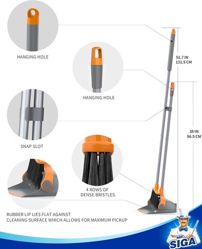 MR.SIGA Broom and Dustpan Set with Adjustable Long Handle, Upright Combo for Floor, Cleaning Lobby, Gray