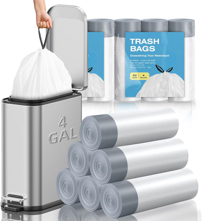 120 Counts 1.6 Gallon Mini Drawstring Trash Bags, Small Garbage Bags by KSSKSS, Code a fit 4.5-8 Liter, 1.2-2 Gal, White Trash Bin Liners for Home Office Kitchen Bathroom Bedroom