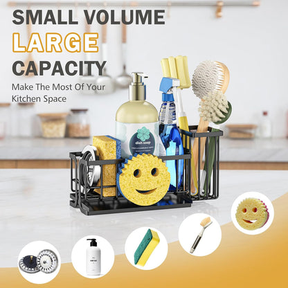 Sponge Holder for Kitchen Sink with Suction Cups & Adhesive Hook, Rustproof In-Sink Sponge Holder, Space-Saving Wall Hanging Sink Caddy Organizer Rack - Sponge, Dish Cloth, Brush - Stainless Steel