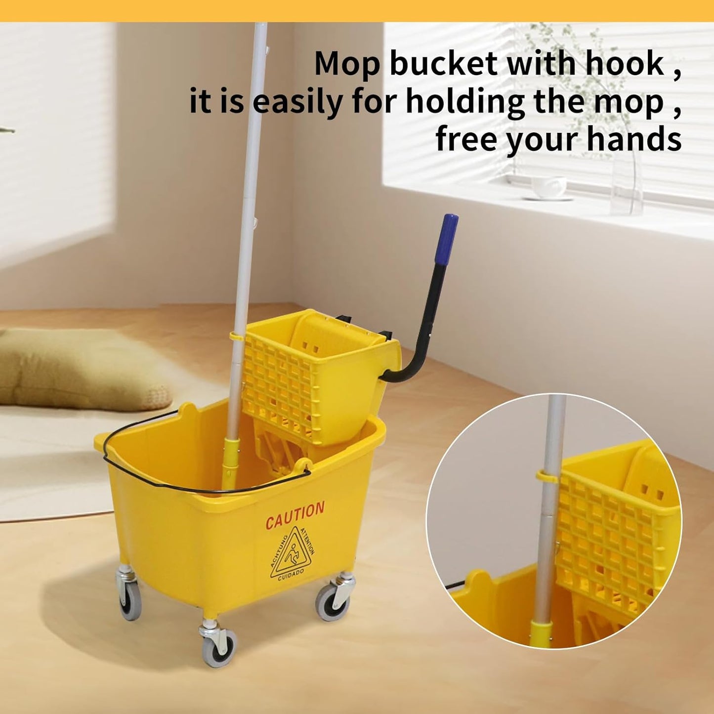 Mop Bucket with Wringer, 22 Qt (5.5 Gallon), Floor Cleaning, Handle, Wheels, 16.5" L x 10.6" W x 26.4" H, Yellow,Plus One Cotton Mop