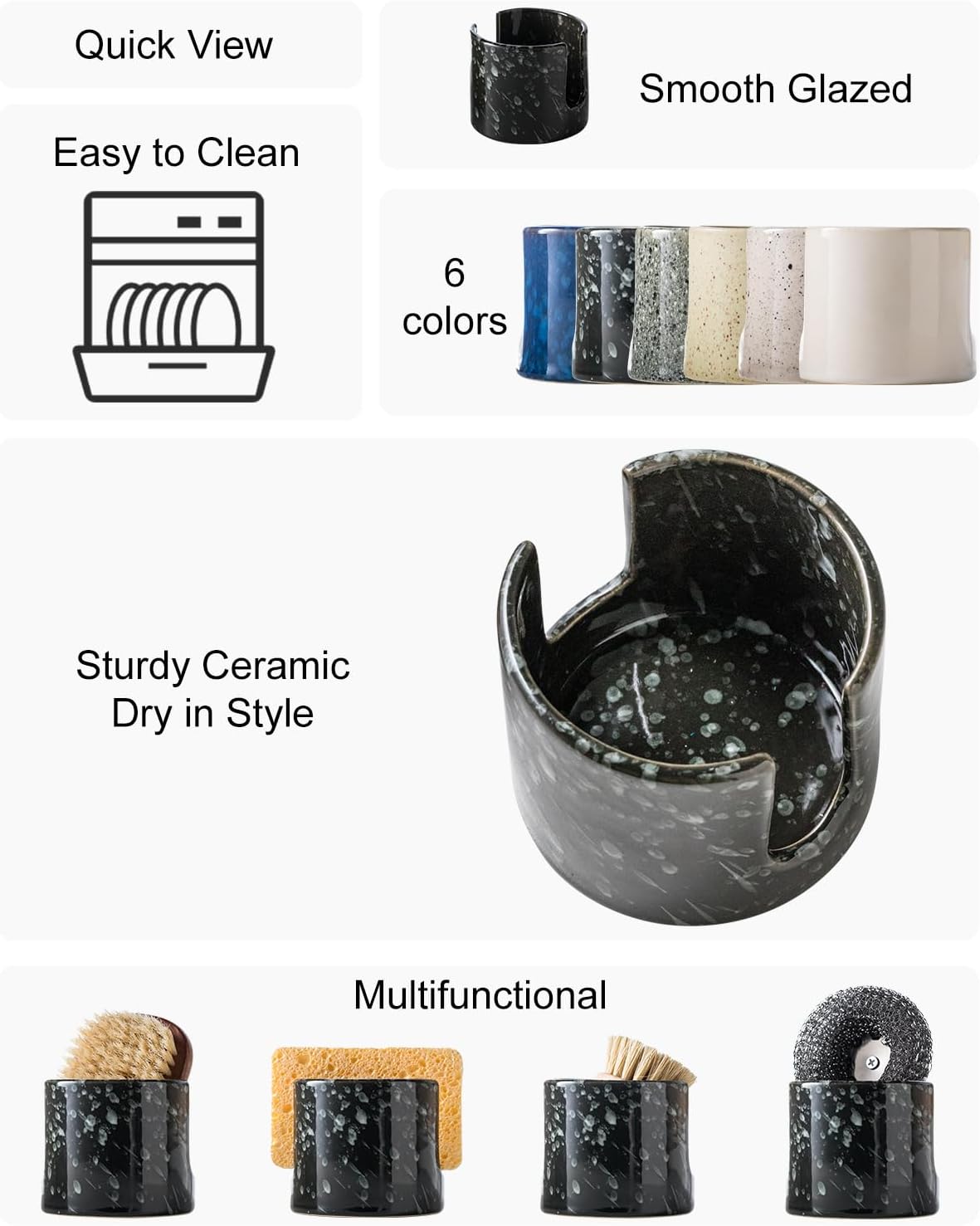 Zoeeker Sponge Holder for Kitchen Sink, Ceramic Dish Sponge Dish Rack Scrubby Caddy Kitchen Organizer Cute Sink Caddy Organizer, Farmhouse Decor, Speckled Glaze