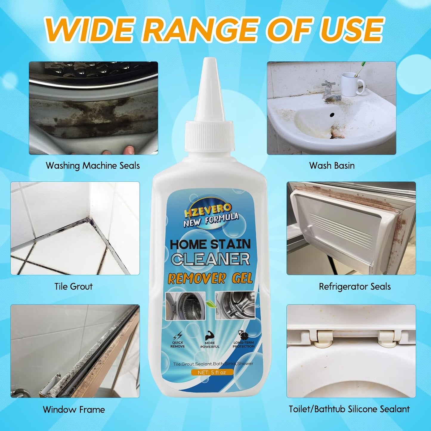 Mold Stain Remover Gel, Washing Machine Cleaner for Front Loader Washer Gasket Rubber Seal Home Stain Removal Gel for Grout, Caulk, Refrigerator, Shower, Bathtub, Bathroom Cleaning Solution (5 Fl Oz)