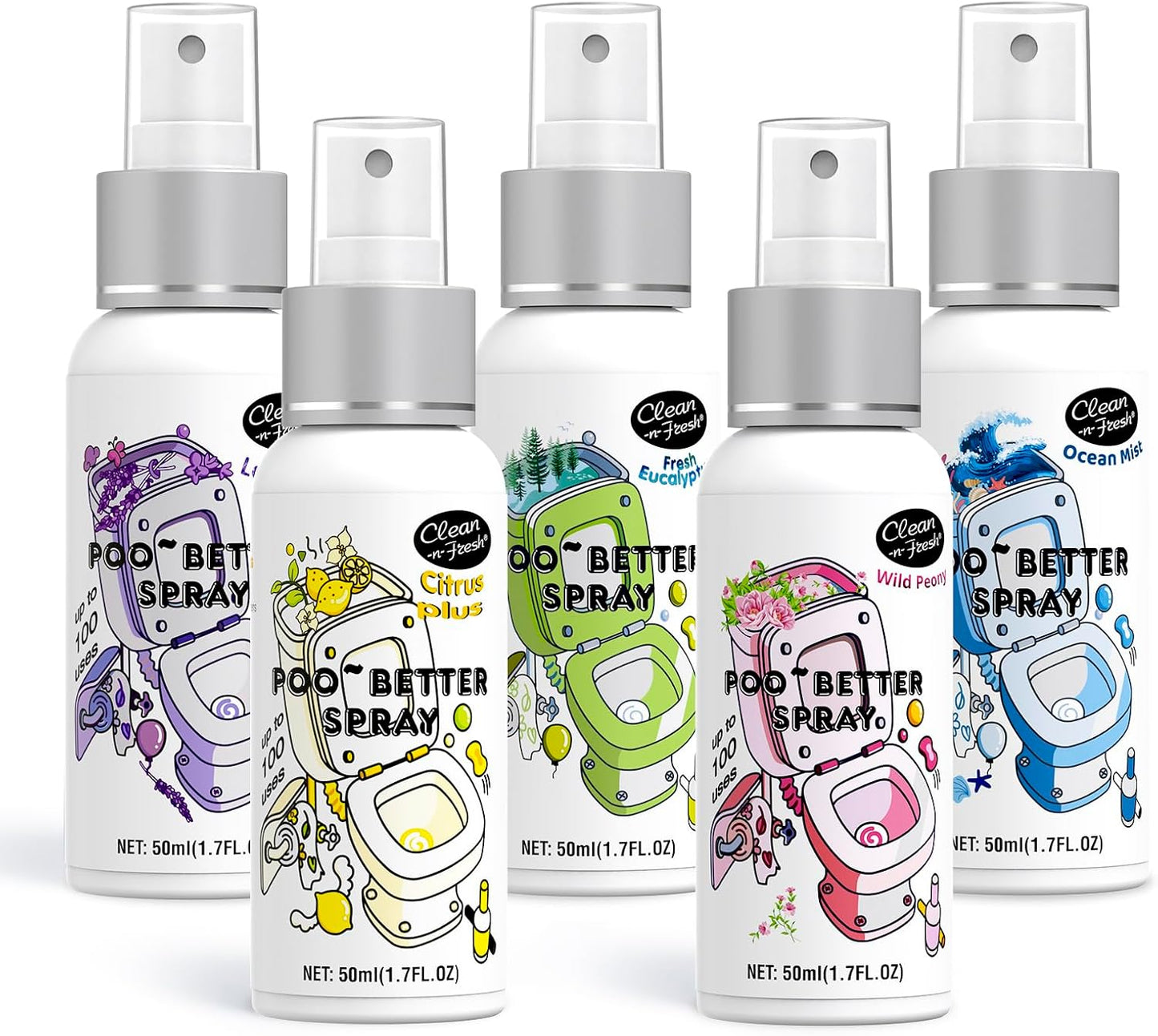 Clean-n-Fresh Toilet Spray, 8.5 Fl Oz Variety Pack of 5 - Citrus, Hibiscus, Lavender, Eucalyptus, Beach Coco, Travel Essentials Bathroom Odor Elimination, Air & Toilet Freshener, Each 1.7 Fl Oz