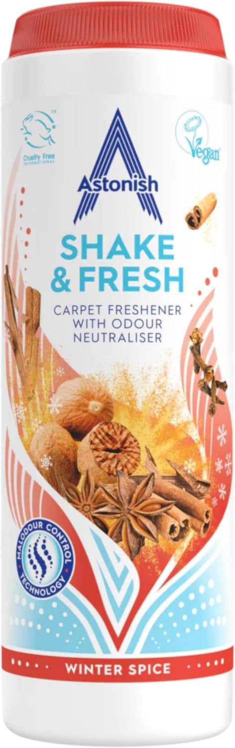 Astonish 350g Shake Fresh Lemon Sparkle Carpet Powder Odor Remover - Pet Smell Deodorizer, Vacuum Safe Citrus Scent, Dry Floor Cleaner, Room Refresher, Home Fragrance, Easy to Use Powder