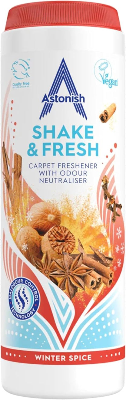 Astonish 350g Shake Fresh Lemon Sparkle Carpet Powder Odor Remover - Pet Smell Deodorizer, Vacuum Safe Citrus Scent, Dry Floor Cleaner, Room Refresher, Home Fragrance, Easy to Use Powder