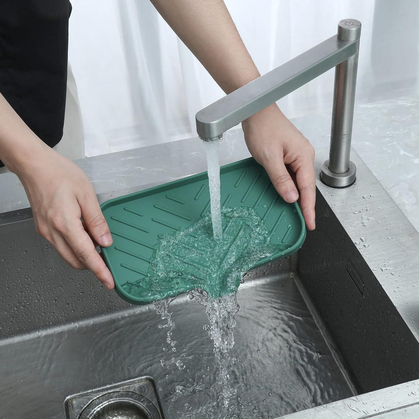 MicoYang Silicone Bathroom Soap Dishes with Drain Spout-Bathroom and Kitchen Sink Organizer,Sponge Holder,Dish Soap Tray,Perfect for Dispenser,Scrubber,Bottle,Cup on Sink or Counter-Black 4.9"×3.2"