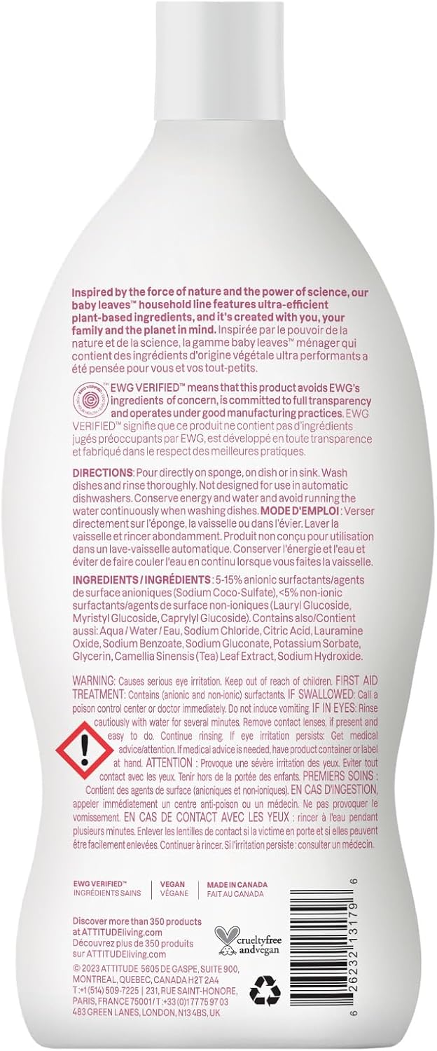 ATTITUDE Baby Bottle & Dish Soap, EWG Verified Bottle Cleaner, Fragrance Free & Dye Free, Removes Milk Residue & Grease, Vegan, Bulk Refill, Unscented, 67.6 Fl Oz (Pack of 4)