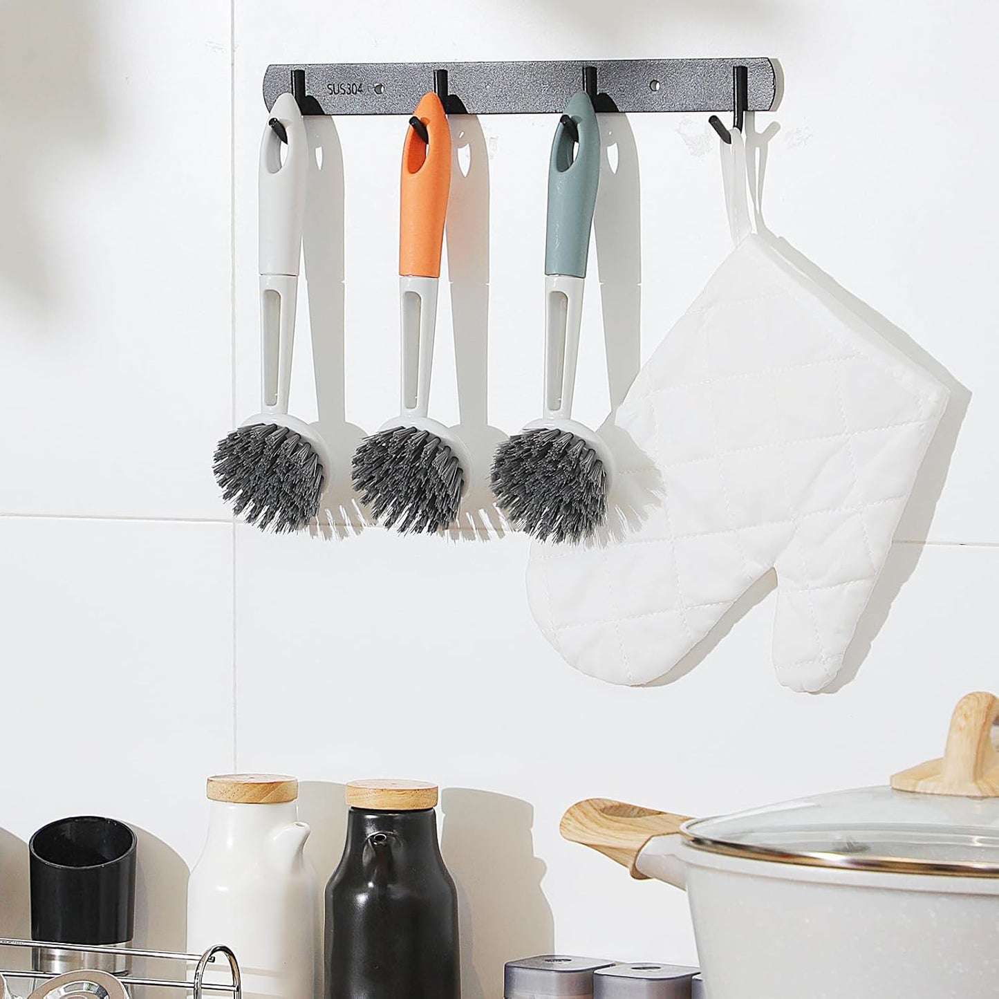 Patelai 12 Pack Kitchen Scrub Dish Brush with Long Handle Dish Scrubber with Stiff Bristles Scrub Brushes for Kitchen Dishes Washing Tools, Pots, Pans and Sink Cleaning (Celadon)