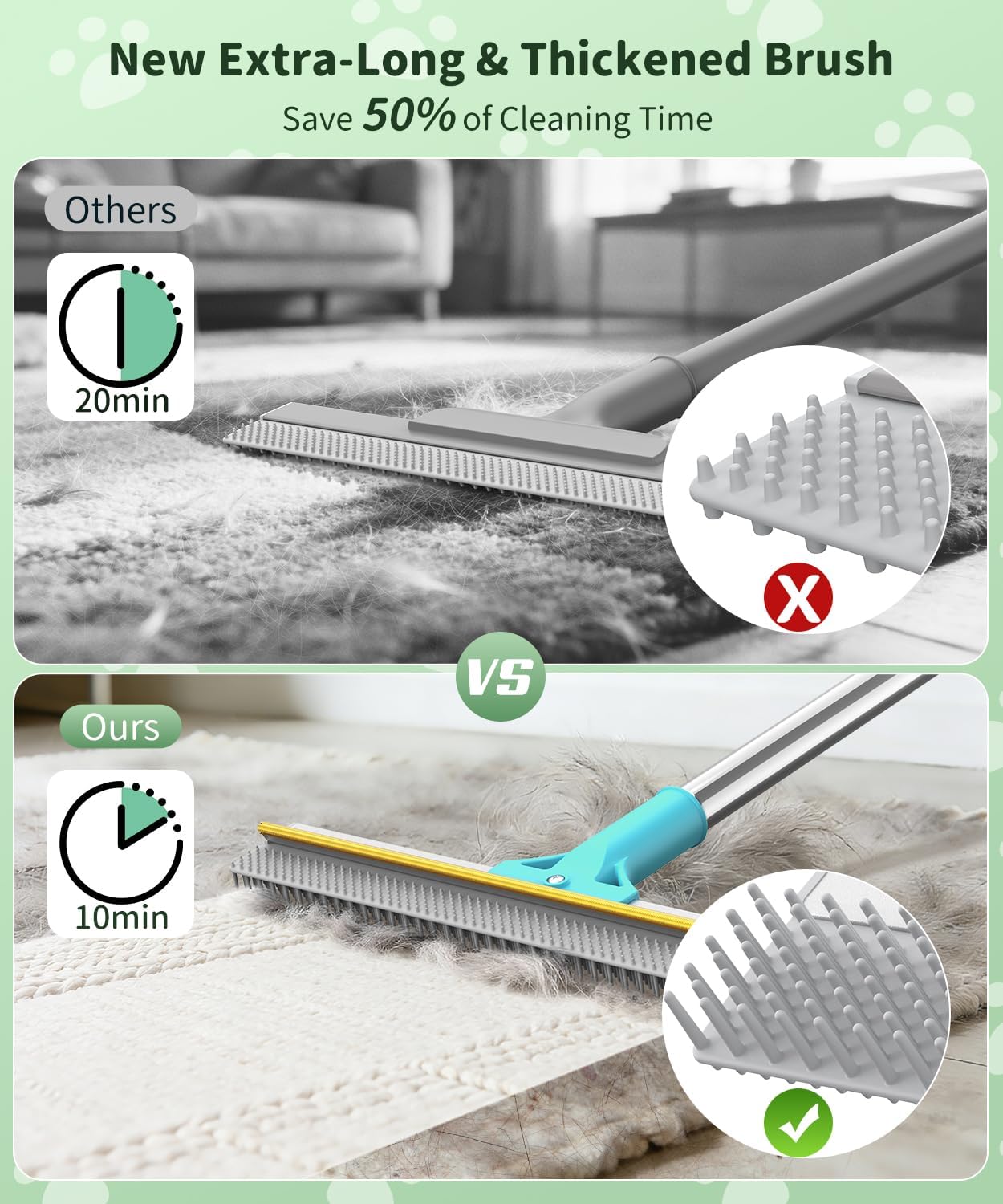 Carpet Rake for Pet Hair Removal, Reusable Carpet Rake, Pet Hair Removal Broom with Extra-Long Thickened Brush, 54" Adjustable Handle, 3 Pcs Pet Hair Removal Tool for Carpet, Sofa & Stairs