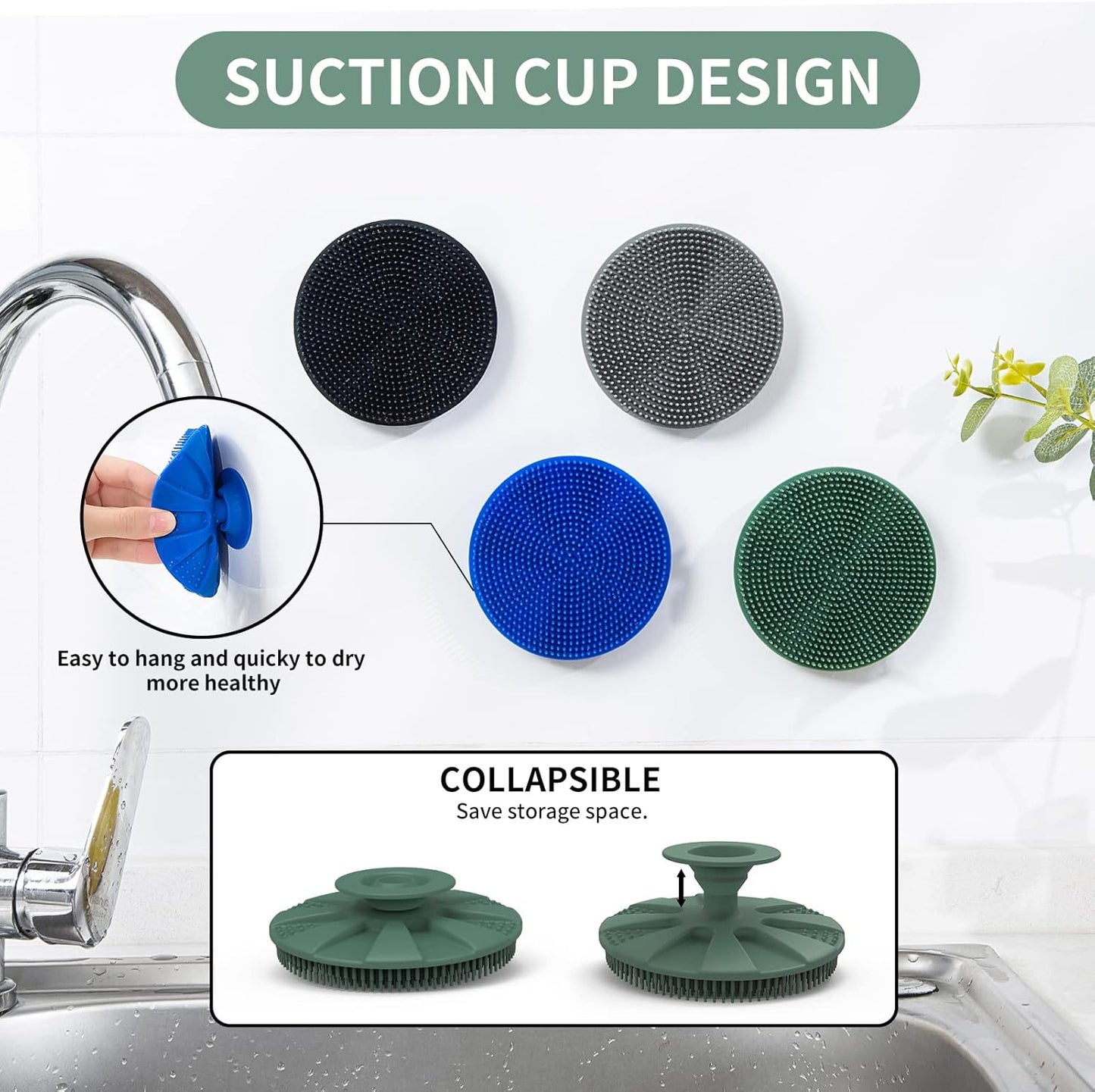 Silicone Sponge, BEAUTAIL Non-Scratch Scrub Sponges for Washing Dishes, Kitchen Fruit Vegetable Cleaning Brush, Long Lasting and Reusable Dishwashing Scrubber, Suction Up Hang Designed, 1 Pack, Gray