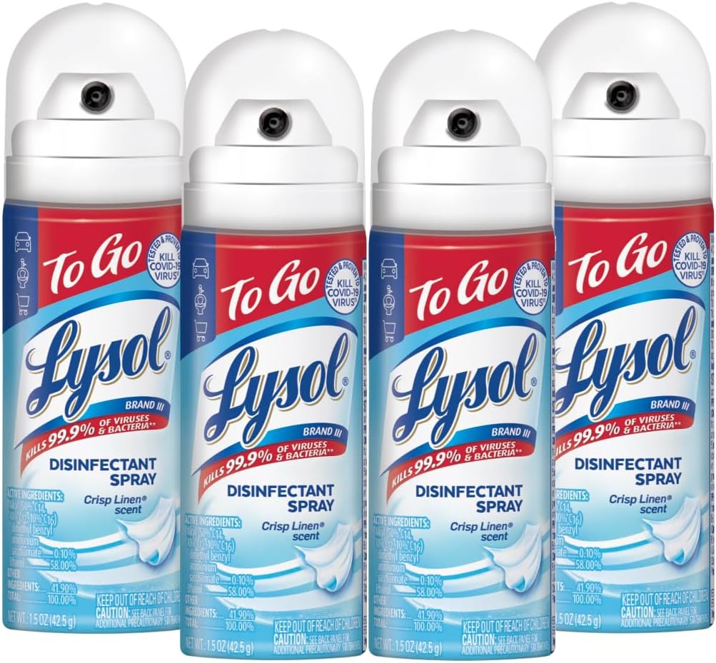Lysol To Go Disinfectant Spray, Travel Size Sanitizing, For On-the-Go Disinfecting and Deodorizing, Crisp Linen, 1.5 Fl. Oz (Pack of 4)