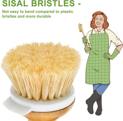 SUBEKYU Bamboo Dish Brush, Kitchen Dish Scrubber Brush with Soap Dispenser, Natural Wooden Dishwashing Brush for Cleaning Dishes/Pans/Pots, Built-in Scraper, Sisal Bristles,1 Set