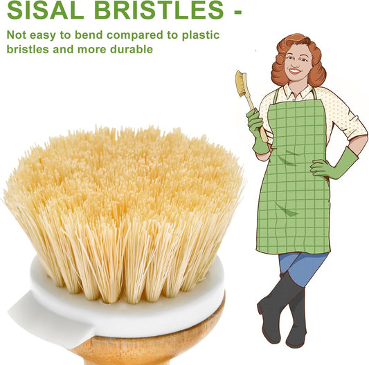 SUBEKYU Bamboo Dish Brush, Kitchen Dish Scrubber Brush with Soap Dispenser, Natural Wooden Dishwashing Brush for Cleaning Dishes/Pans/Pots, Built-in Scraper, Sisal Bristles,1 Set