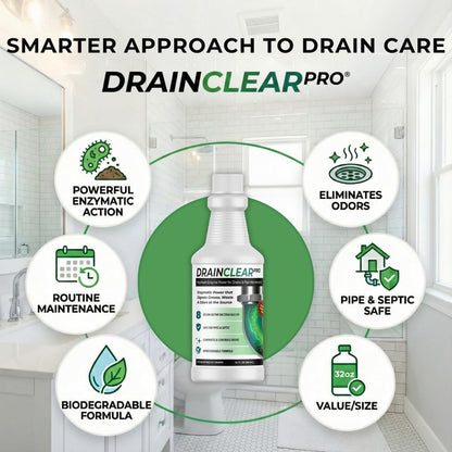 DrainClear Pro Enzyme Drain Cleaner 32oz - Enzymatic Formula Digests Grease, Waste & Odors - Safe for Pipes and Septic Systems - Biodegradable Drain Treatment for Home & Commercial Use