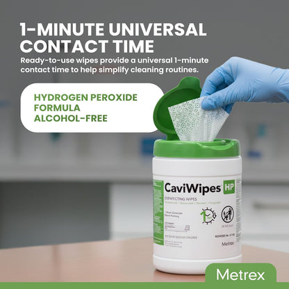 CaviWipes HP Surface Disinfectant Wipes – Hydrogen Peroxide Formula, 1-Minute Universal Contact Time, Ready-to-Use – 6" x 6.75", 160 Wipes per Canister (Pack of 1), 16-1100