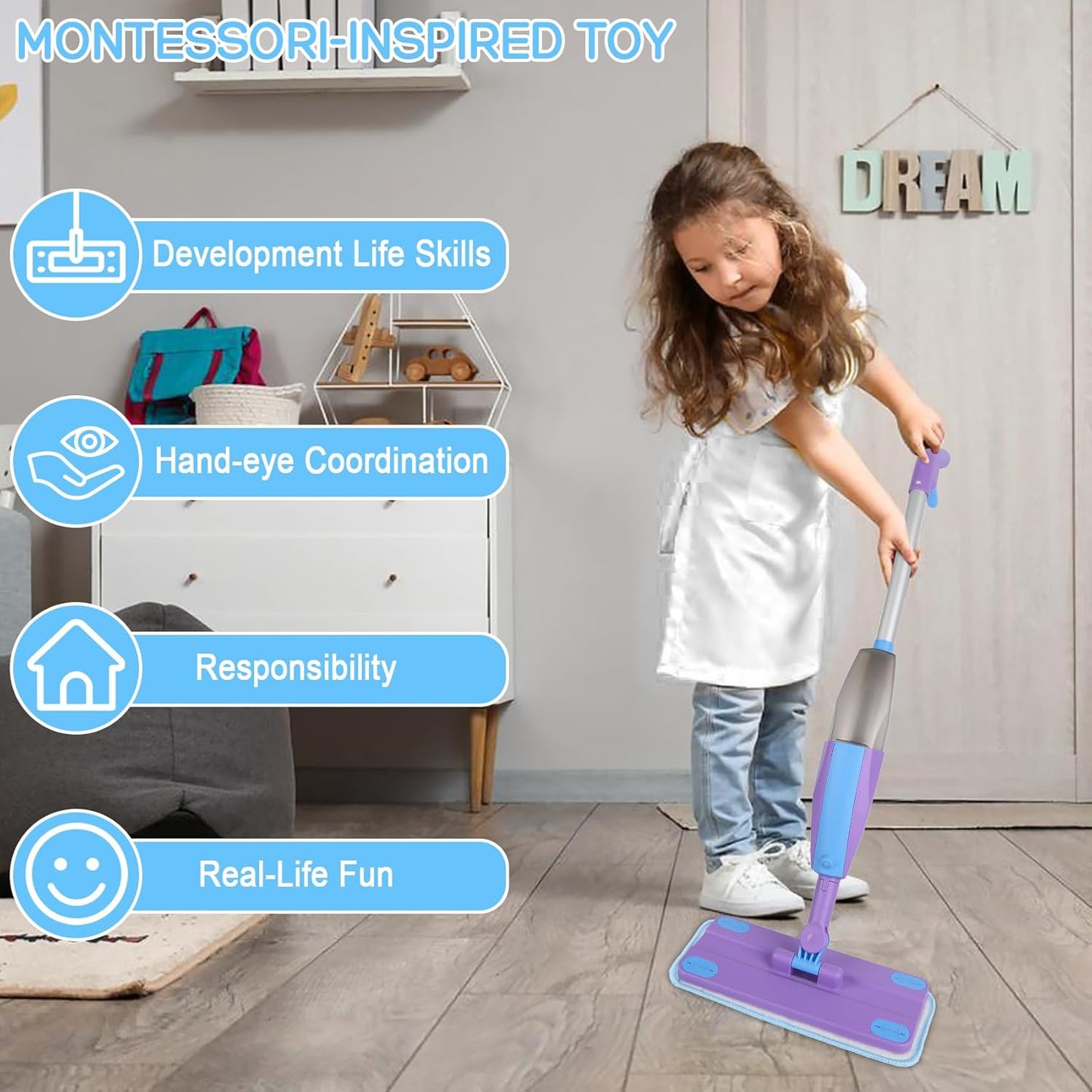 Kids Spray Mop, Real Working Toddler Cleaning Set with Water Sprayer & 2 Washable Mop Pads & Scraper, Pretend Play Montessori Housekeeping Toys Gifts for Toddlers Kids Girls Boys (Blue&Purple)