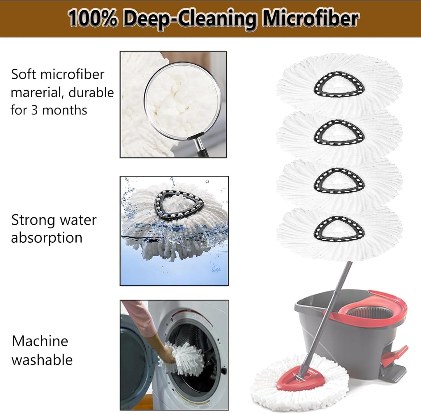 5-Pack Spin Mop Replacement Heads, 100% Microfiber Spin Mop Refills Heads for Easy Wring, 360°Micro Replacement Mop Head for Easy House Cleaning Floor Mopping - (White)