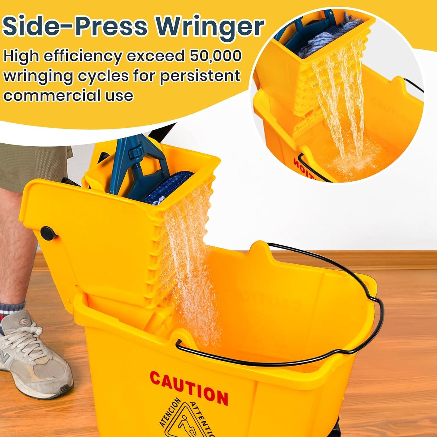 35 Quart Commercial Mop Bucket with Side Press Wringer on Wheels and 1 Industrial Mop for Floor Cleaning, Use at Home Business Area, Janitorial Supplies, Rectangular