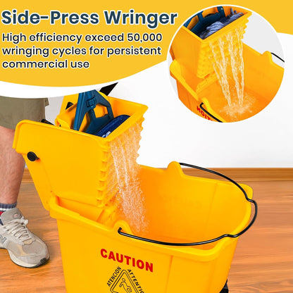 35 Quart Commercial Mop Bucket with Side Press Wringer on Wheels and 1 Industrial Mop for Floor Cleaning, Use at Home Business Area, Janitorial Supplies, Rectangular
