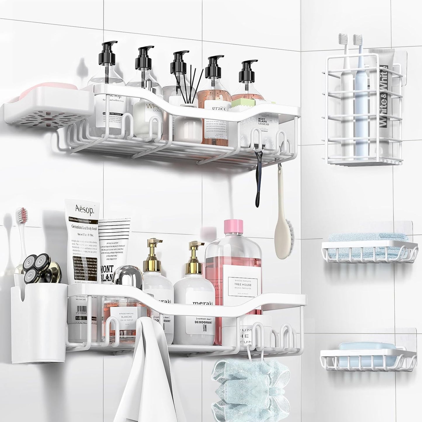 NESOMI Shower Caddy Adhesive Shower Organizer 7-Pack, Rustproof Stainless Steel Bathroom Shelves, Large Capacity No-Drill Rack Storage Accessories with Soap Dish Toothbrush Holder &24 Hooks Home Decor