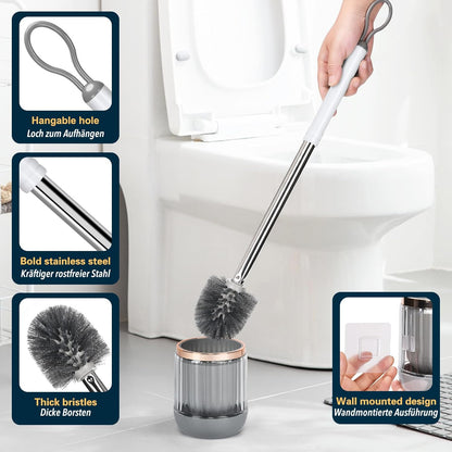 Toilet Bowl Brush and Holder 2 Pack Long Handle Toilet Brush for Bathroom with Separate Base for Floor and Wall Mounted Plastic Toilet Brush Set Under The Rim Household Cleaning (White)