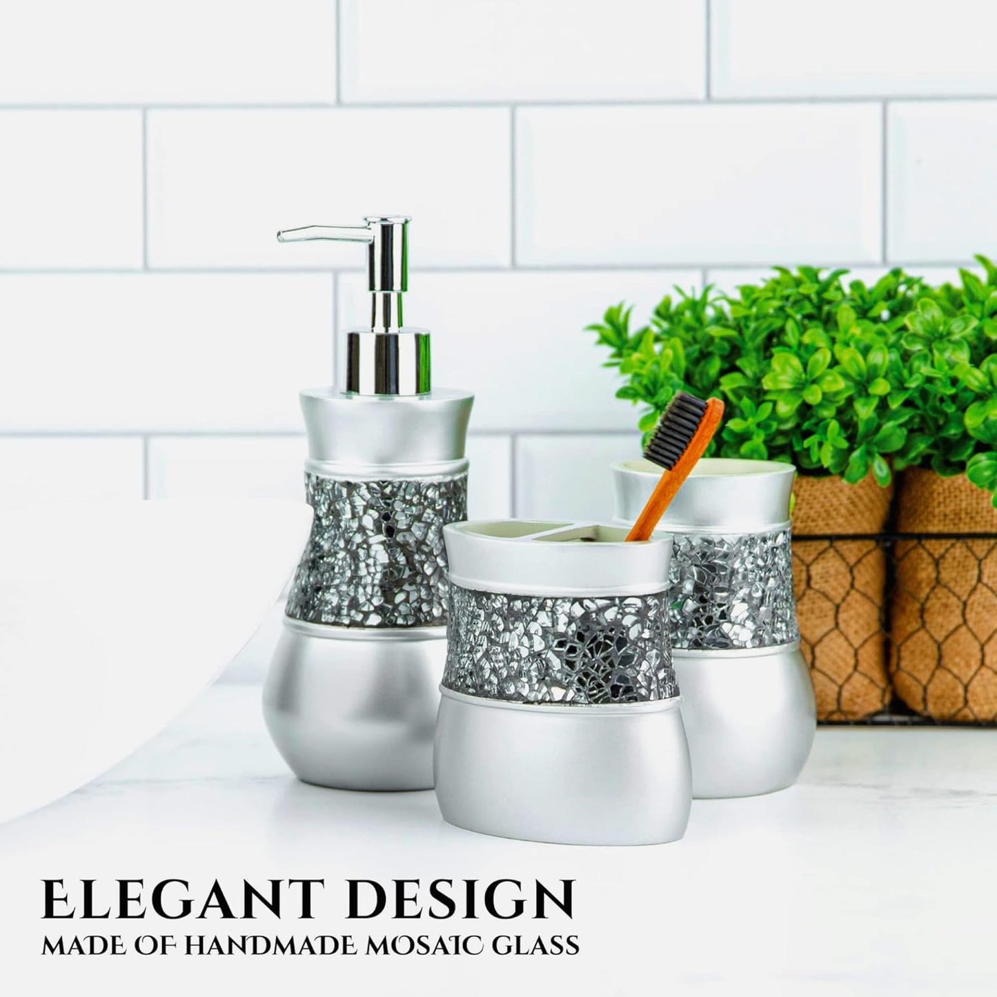 Creative Scents Crackled Glass Toilet Brush with Holder - Silver Toilet Bowl Cleaner Brush and Holder - Good Grip, Deep Cleaning, Decorative Design Compact Toilet Bowl Scrubber