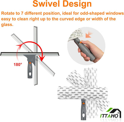 Window Washing Kit with Extension Pole, 10" Squeegee & 11" Microfiber Scrubber Combi with Stainless Steel Pole, Window Cleaner for Car, Sliding Door,Shower Glass Door-Swivel Style-2 Pads